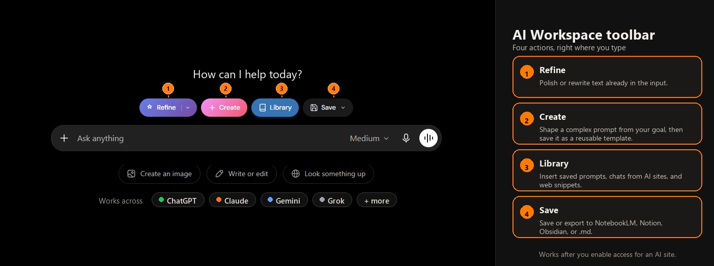 AI Workspace toolbar inside an AI chat